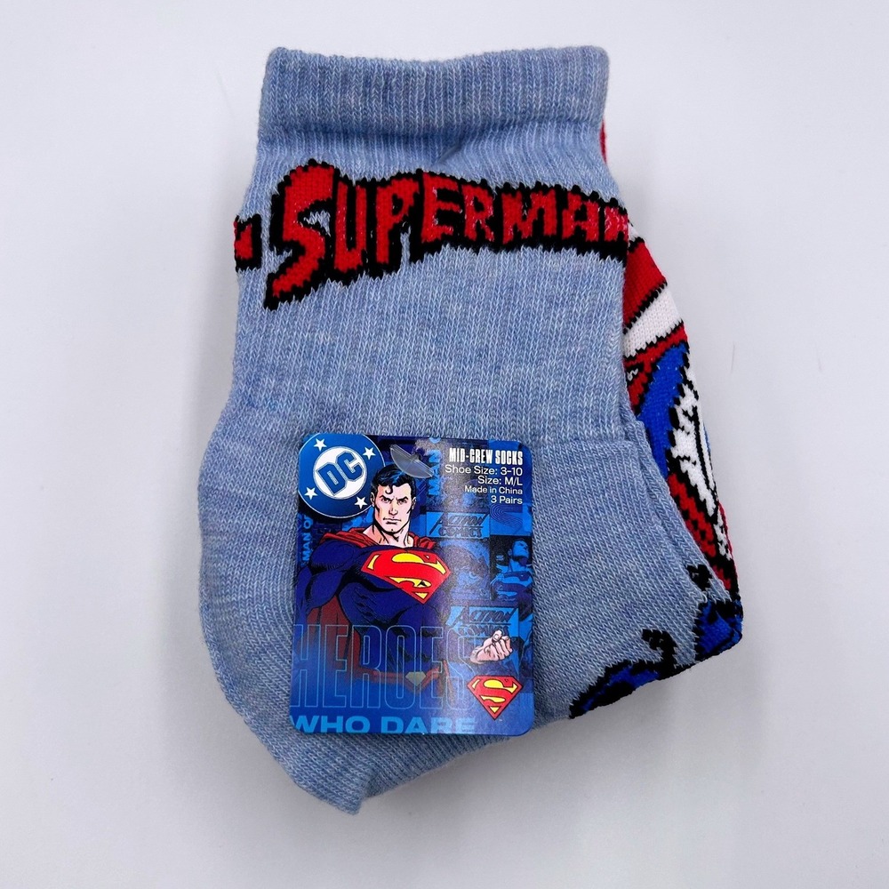 DC Comics Superman Mid-Crew Socks 3 Pairs Size M/L Shoe 3-10 Blue Red Grey NEW